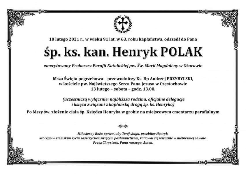 Jutro pogrzeb ks.kan. Henryka Polaka, emerytowanego proboszcza parafii w Ożarowie