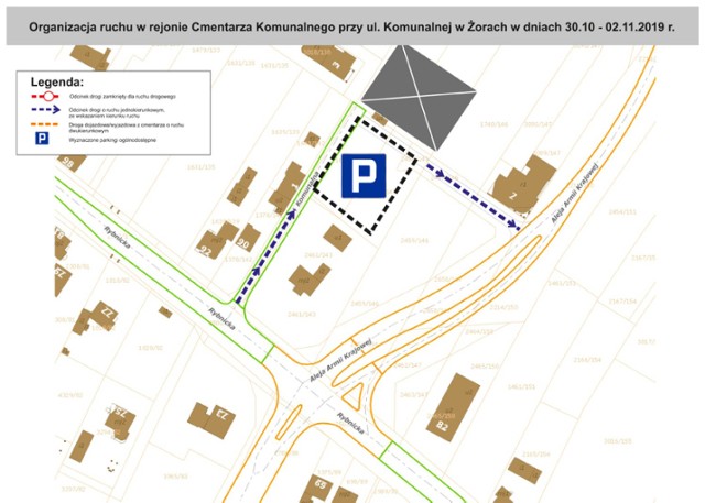 Cmentarz Komunalny przy ul. Komunalnej
Wprowadzony zostanie ruch jednokierunkowy na ul. Komunalnej. Wjazd na parking przy cmentarzu będzie możliwy od ul. Rybnickiej, natomiast wyjazd w stronę al. Armii Krajowej.