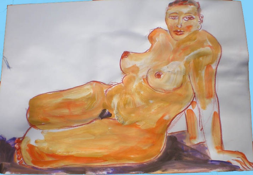 "Oranżowa dziewczyna" - rysunek własny w guarzu. Fot....
