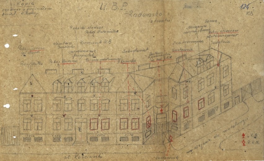 szkic budynku PUBP w Radomsku wykonany przez wywiad KWP