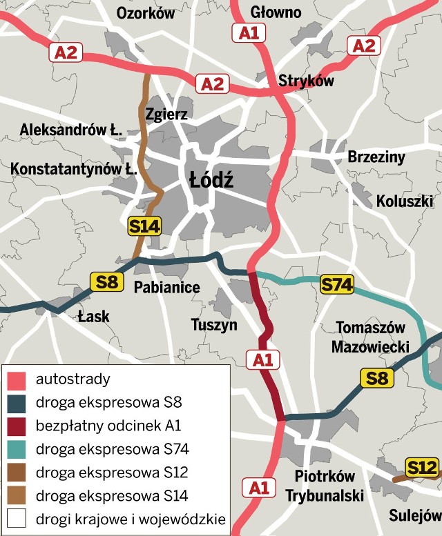 Układ autostrad i dróg ekspresowych wokół Łodzi