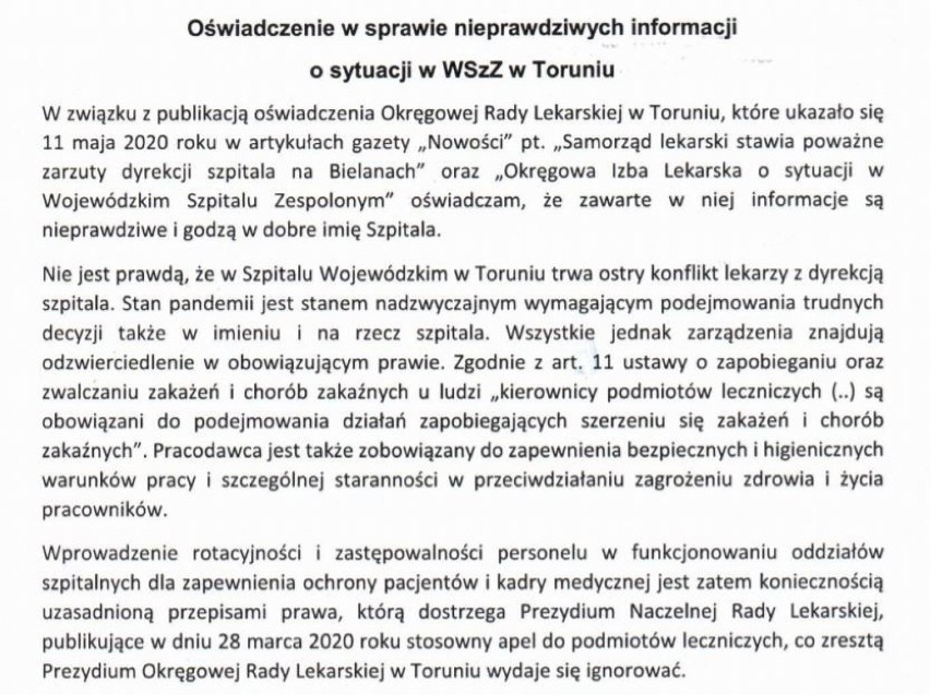 Lekarze kontra dyrekcja szpitala na Bielanach: przeprosiny albo sąd? Konflikt ostry jak nigdy