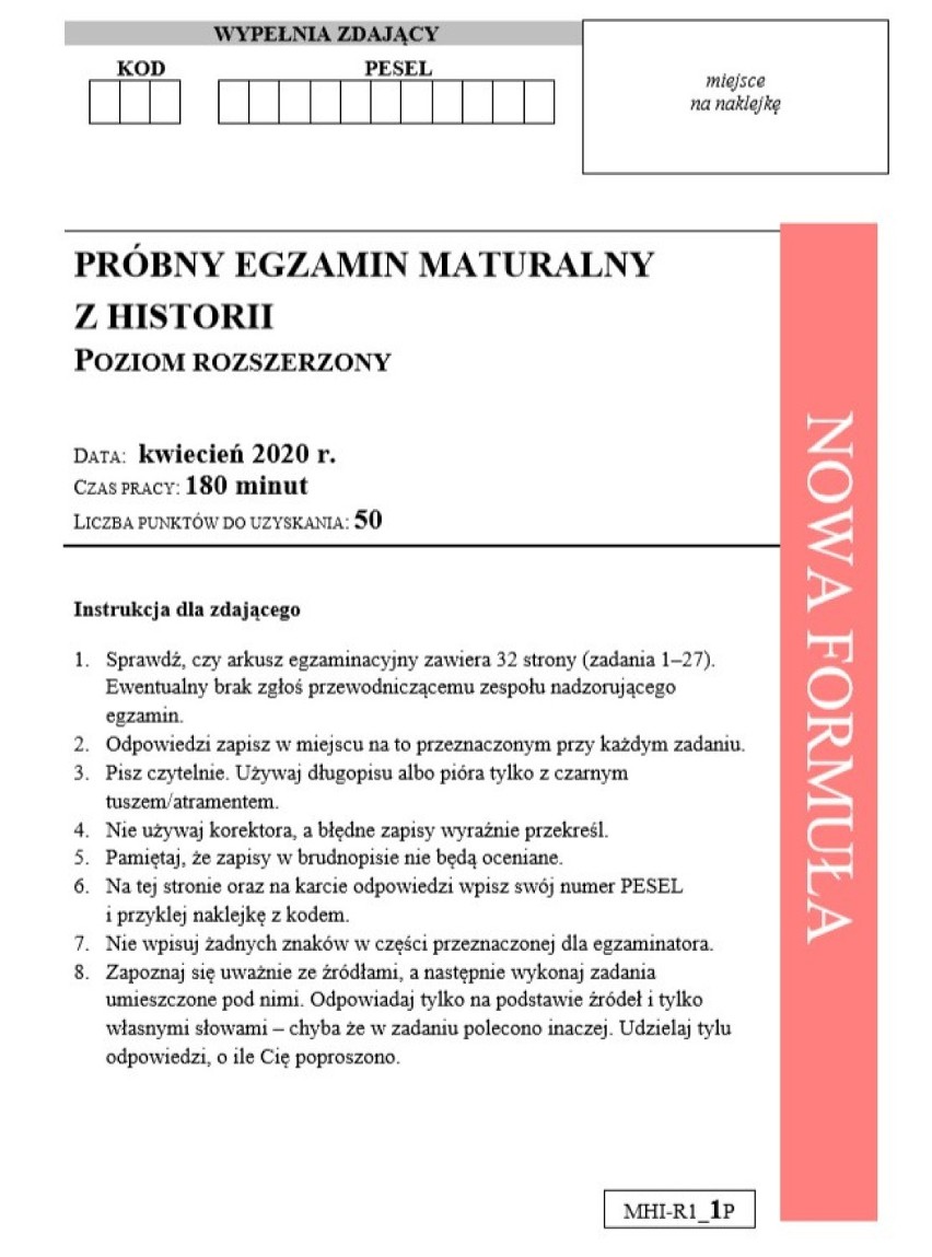 Matura próbna 2020 z historii. ARKUSZ CKE, pytania [8.04.2020]