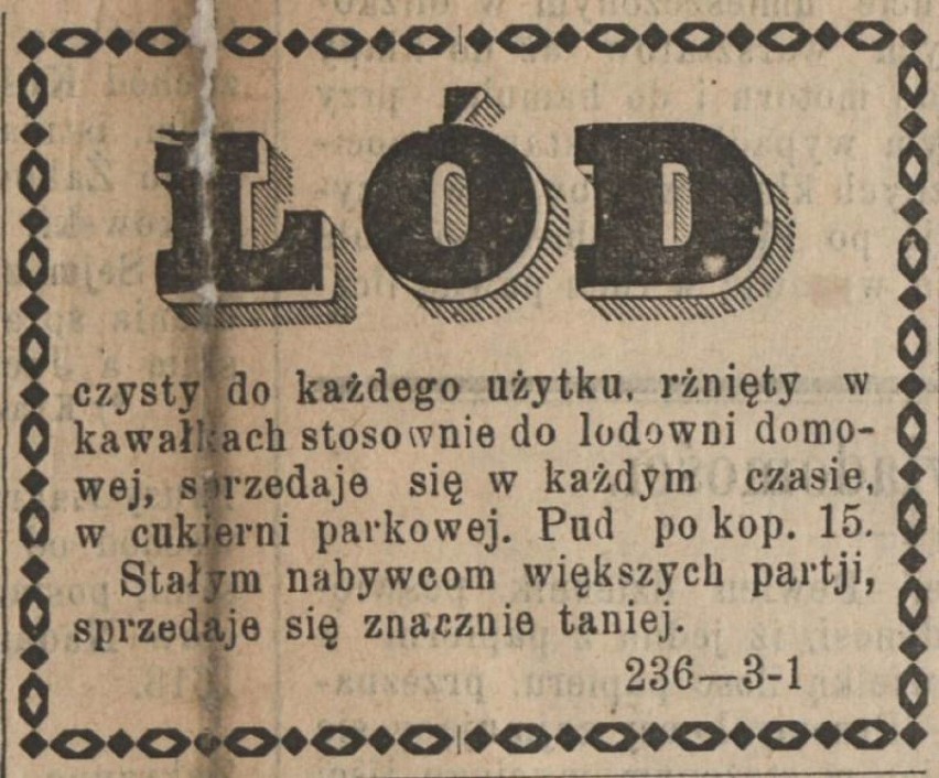 Oferta sprzedaży lodu. "Kaliszanin" z 15 maja 1888 r., s. 4