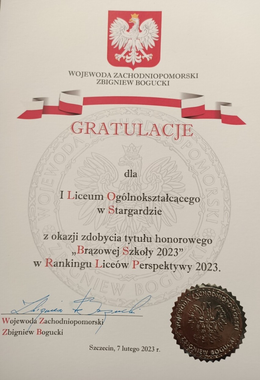 Gala podsumowująca ranking Perspektywy 2023 w województwie zachodniopomorskim. I LO wśród najlepszych