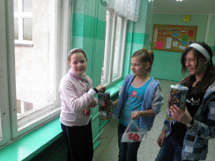 Dziewczęta z Samorzadu Uczniowskiego kwestują na terenie szkoły