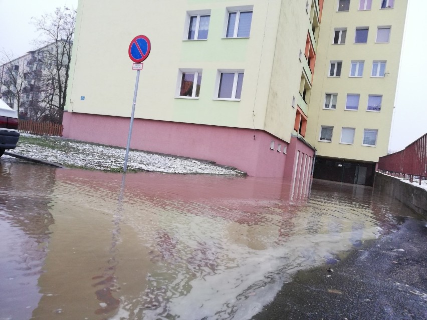 Bydgoszcz. Awaria na Kapuściskach. Wielkie bajoro przy wieżowcu przy Zachemowskiej [zdjęcia]