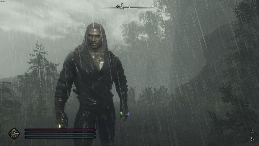 W deszczu zmodowany Geralt prezentuje się fenomenalnie.