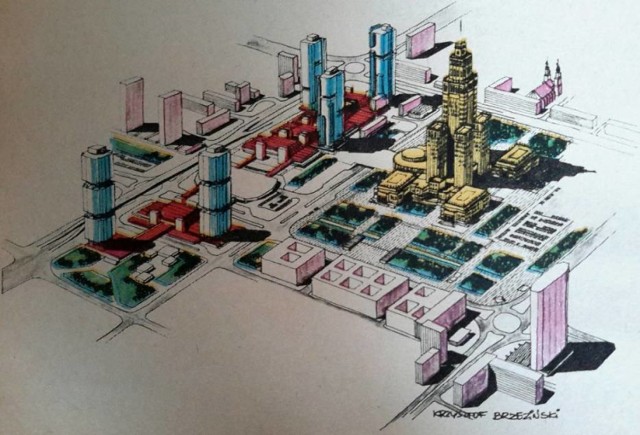 Ściana Zachodnia to wielki projekt architektoniczny. W PRL, w latach 60., stworzono wizję futurystycznego miasta. W dawnych planach widać, że obok Dworca Centralnego miały powstać kolejne wieżowce, a także niższa zabudowa, która byłaby eleganckim miejskim pasażem. Powyżej widzimy projekt pracowni Warcentu: Skrzypczaka i małżeństwa Wyporków (w części zrealizowany).