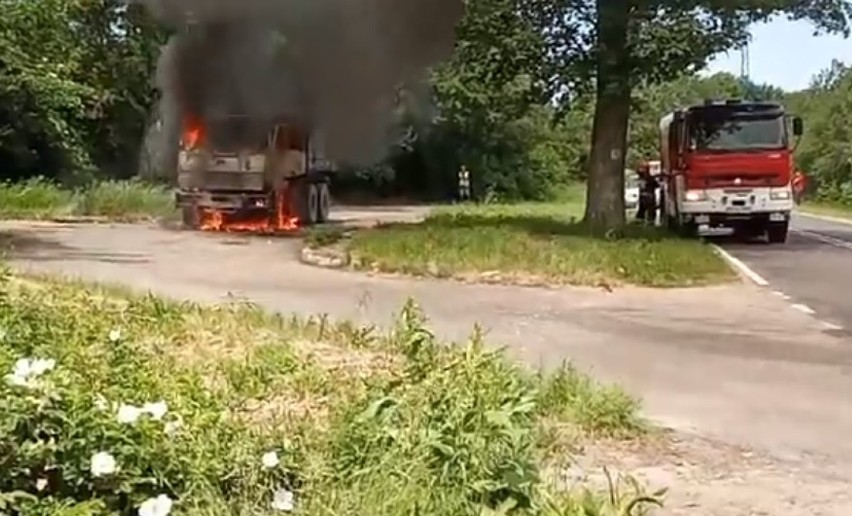 Samochód ciężarowy z drzewem stanął w płomieniach! Zobaczcie nagranie!