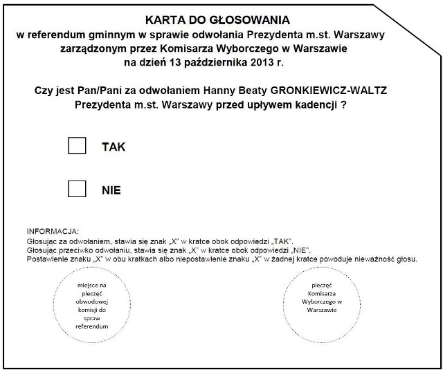Karta do głosowania w referendum w Warszawie.