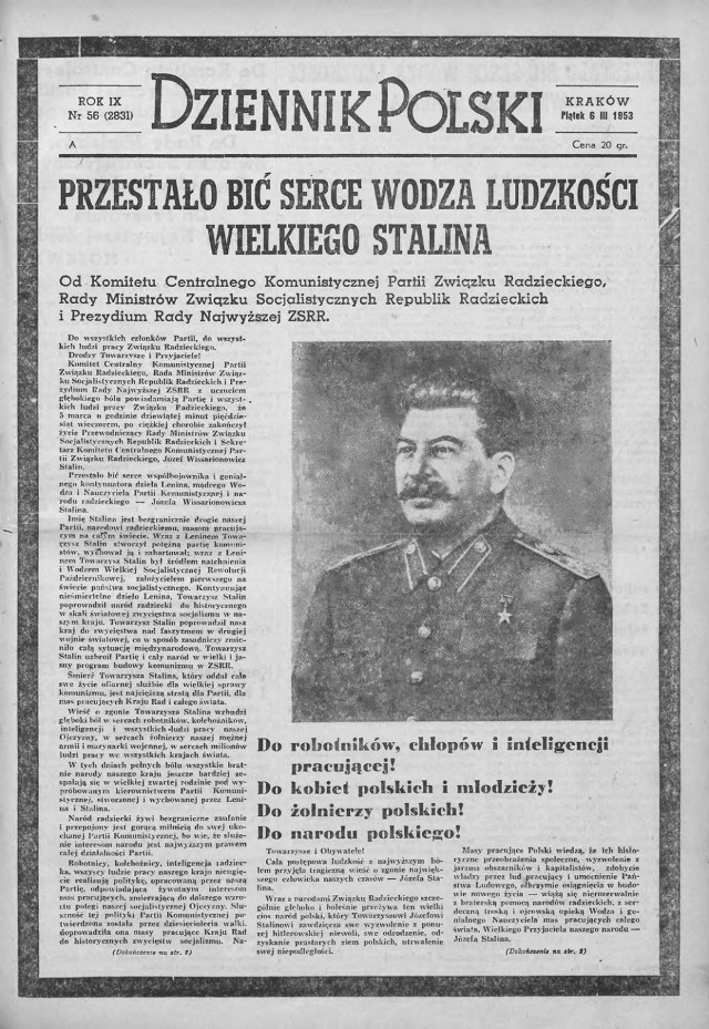 Dziennik Polski, 6 marca 1953 roku
strona 1

źr&oacute;dło: http://mbc.malopolska.pl/dlibra