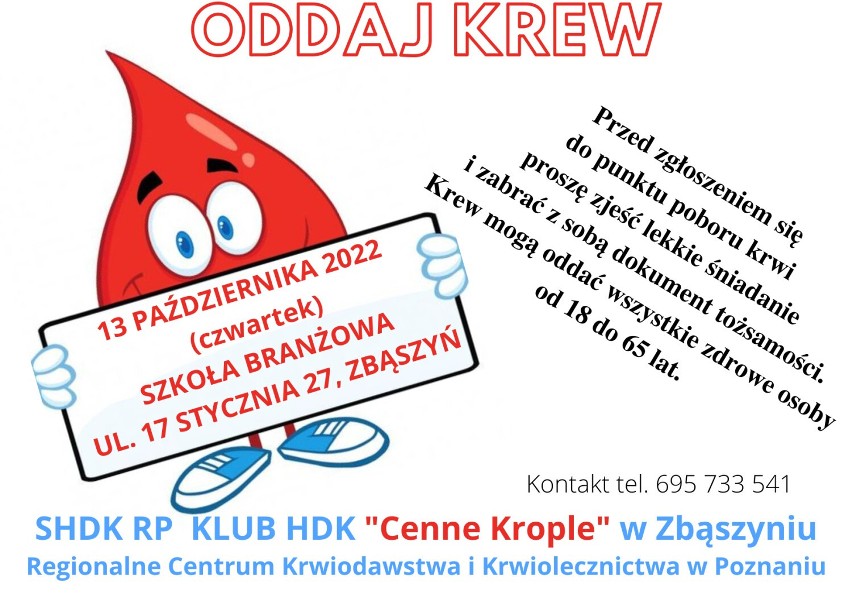  Klub HDK "Cenne Krople" Zbąszyń. Spotkajmy się na akcji poboru krwi. Kiedy pobór krwi w Zbąszyniu?