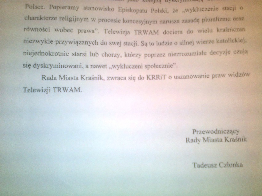 Radni z Kraśnika będą rozmawiać o braku koncesji dla TV TRWAM