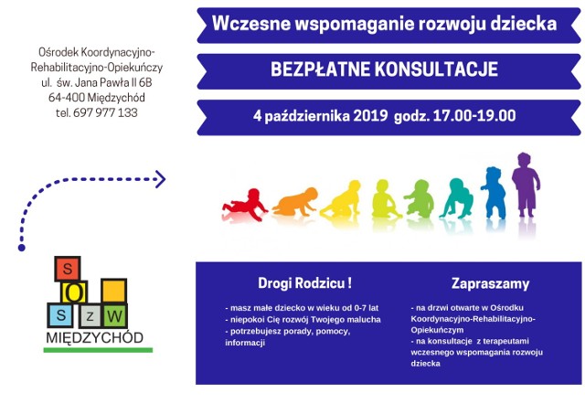 4 października Zespół Wczesnego Wspomagania Rozwoju Dziecka działający w Ośrodku Koordynacyjno - Rehabilitacyjno - Opiekuńczym zaprasza na konsultacje dla rodziców.