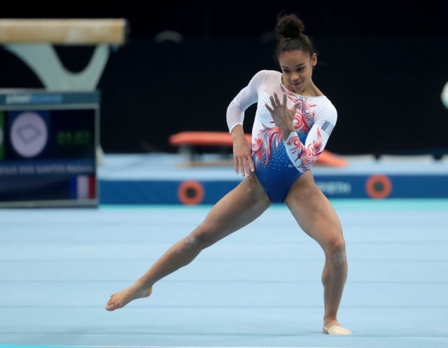 Szczecin 14 04 2019 
8 mistrzostwa europy kobiet i mezczyzn w gimnastyce sportowej rozgrywane w szczecinie na hali netto areny rywalizacja indywidualna
na zdjeciu melanie de jesus dos santos z francji ktora zdobyła złoty medal w cwiczeniach wolnych
fot. andrzej szkocki / polska press