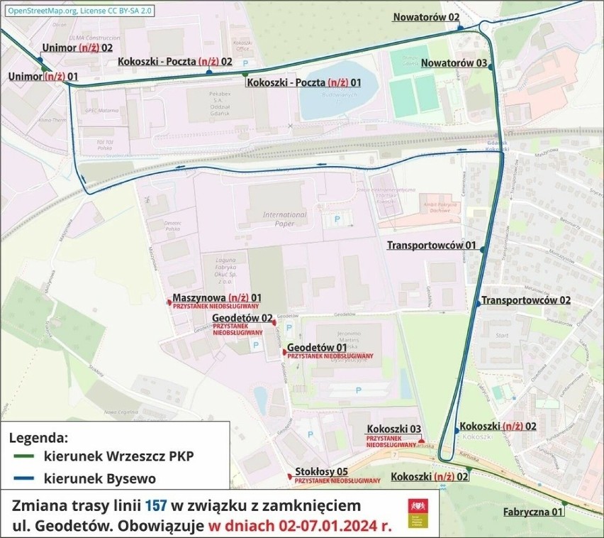 Tymczasowa zmiana trasy linii 157 w Gdańsku