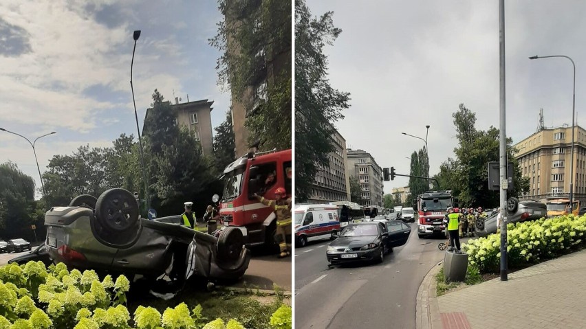 Wypadek w Krakowie. Samochód dachował na Trzech Wieszczów