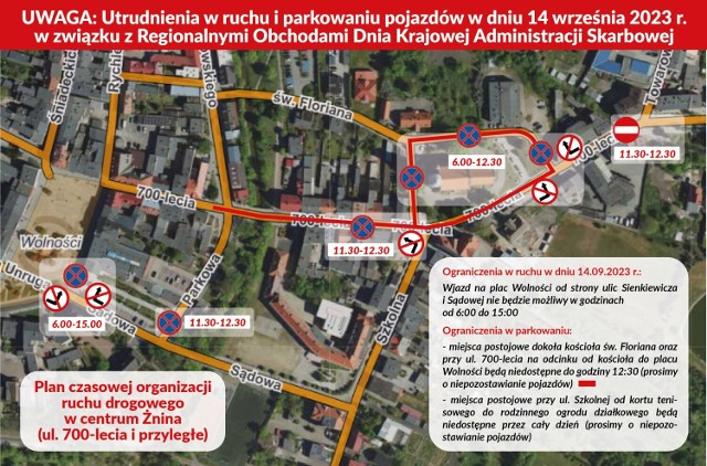Mapki obrazujące utrudnienia w ruchu w czwartek, 14.09.2023 w Żninie.