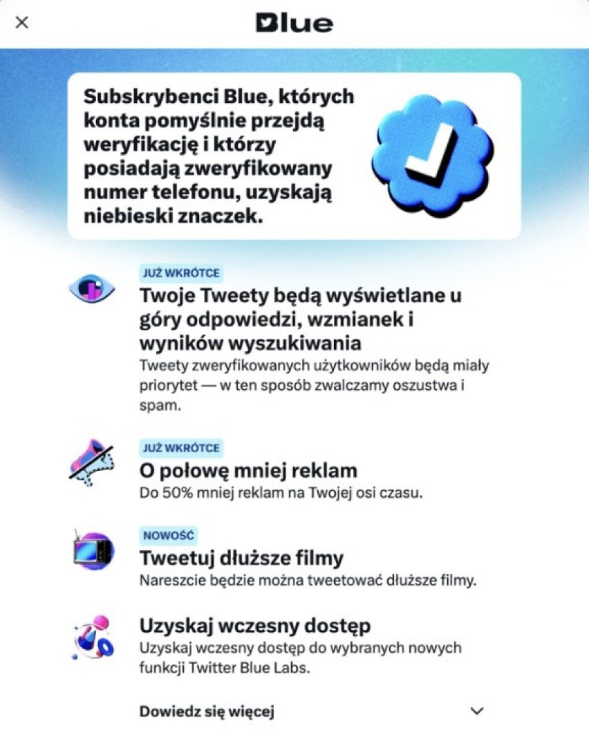 Tak prezentuje się banner informacyjny Twitter Blue w języku...