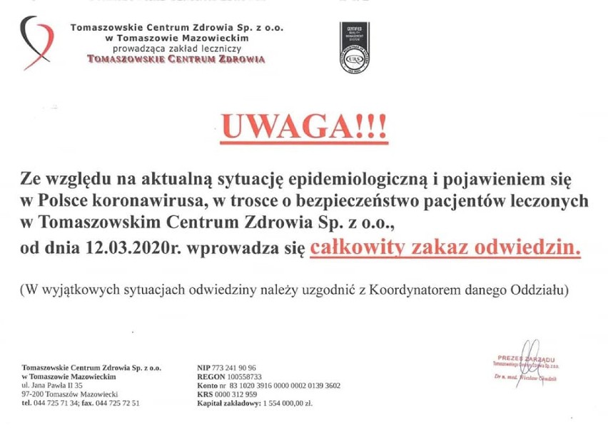 Szpital w Tomaszowie Maz. wprowadza całkowity zakaz odwiedzin i przypomina, co robić, jeśli podejrzewamy u siebie koronawirusa