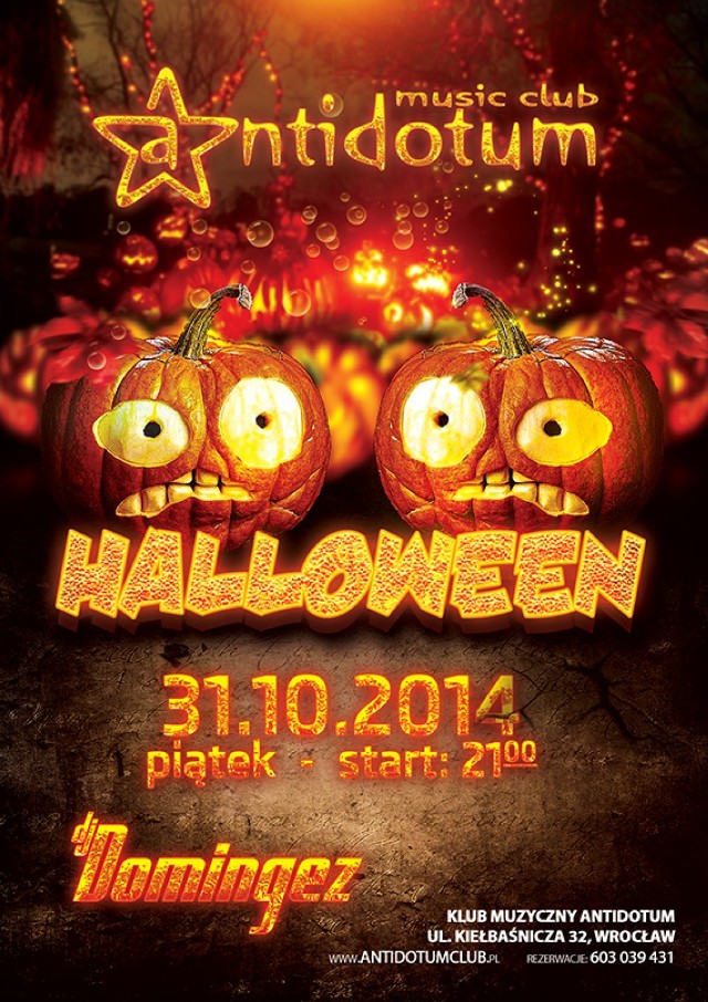 Halloween we Wrocławiu

HALLOWEEN W ANTIDOTUM

31 października, 1 listopada, godz. 21.00
ul. Kiełbaśnicza 32

bilety:
piątek - panowie 10 zł, panie 5 zł 
sobota - panowie 10 zł, panie 10 zł

Na gości będzie czekał halloweenowy wystrój klubu, Scary Face Painting, a przebrani mogą liczyć na nagrody, do odebrania na barze.