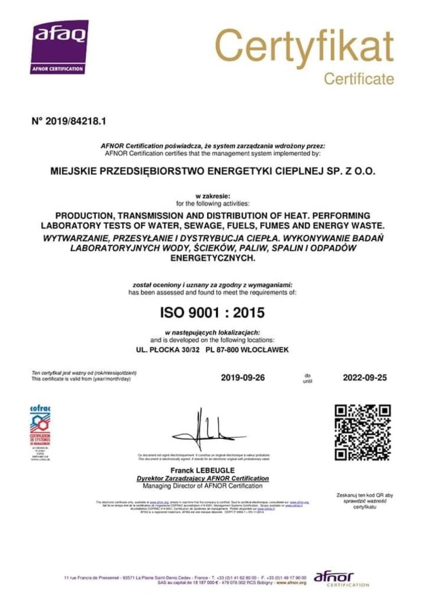MPEC we Włocławku otrzymał certyfikat Systemu Zarządzania Jakością ISO 9001
