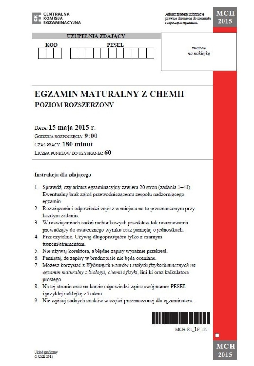 MATURA 2015. CHEMIA rozszerzona dla LO ODPOWIEDZI + ARKUSZE