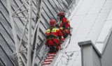 Strażacy zabezpieczają zerwane po wichurze pokrycie dachowe na Hali Podpromie w Rzeszowie [ZDJĘCIA]