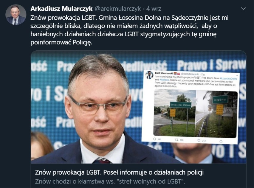 Łososina Dolna. Aktywista zawiesił tabliczkę „Strefa wolna od LGBT”. Poseł Arkadiusz Mularczyk powiadomił policję