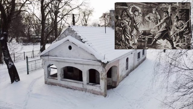 Budynek kuźni w Igołomii/"Kucie kos". Dzieło Artura Grottgera z cyklu „Polonia”. Pocztówka z 1921 r.,
