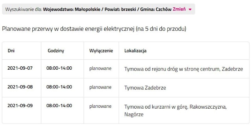 Wyłączenia prądu w powiecie bocheńskim i brzeskim, 6.09.2021