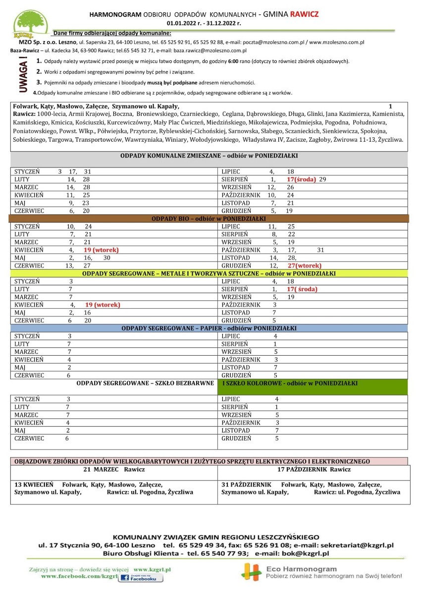 Harmonogram odbioru odpadów w gminie Rawicz (1/5