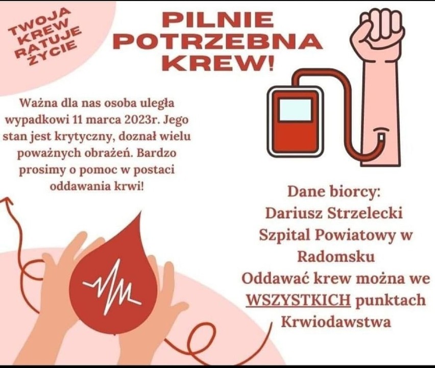 ZSP w Kamieńsku organizuje zbiórkę krwi dla Patrycji i Dariusza, rannych w wypadku w Szpinalowie