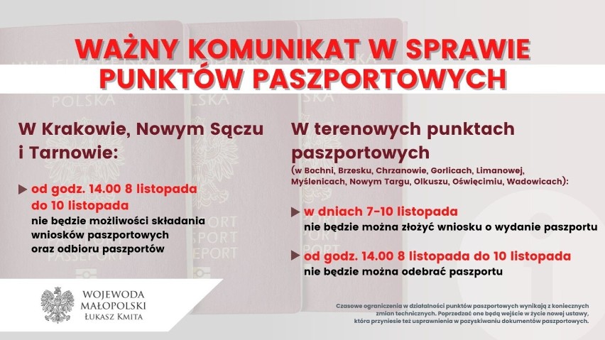 Zmiany dotyczące punktów paszportowych w Krakowie, Tarnowie i Nowym Sączu