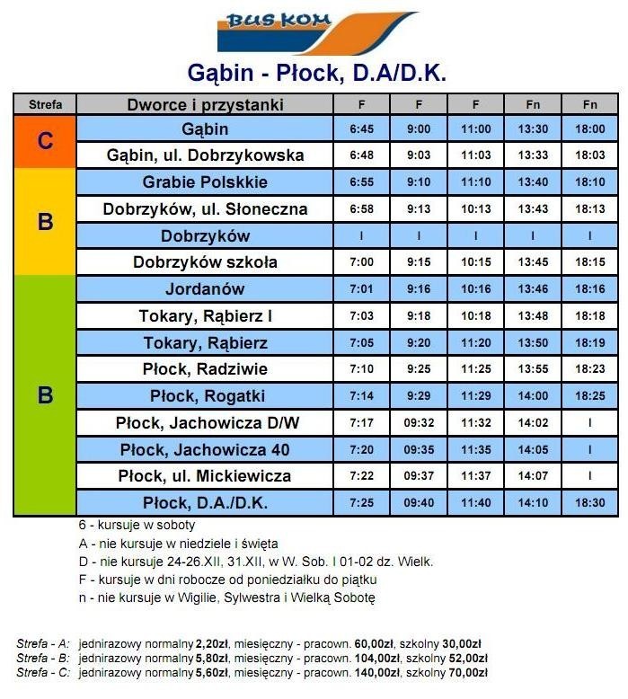 Rozkład jazdy busów Płock - Gąbin - Płock