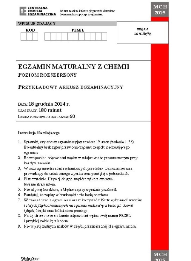 Próbna matura 2014: CHEMIA 2015 [ARKUSZE CKE, ODPOWIEDZI]