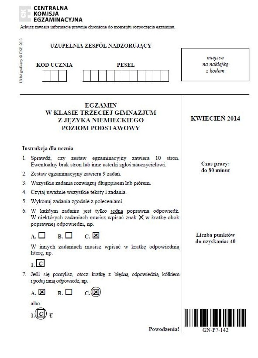 EGZAMIN, TEST gimnazjalny 2014: język niemiecki, poziom podstawowy  [ARKUSZE, ODPOWIEDZI wkrótce] | małopolskie Nasze Miasto