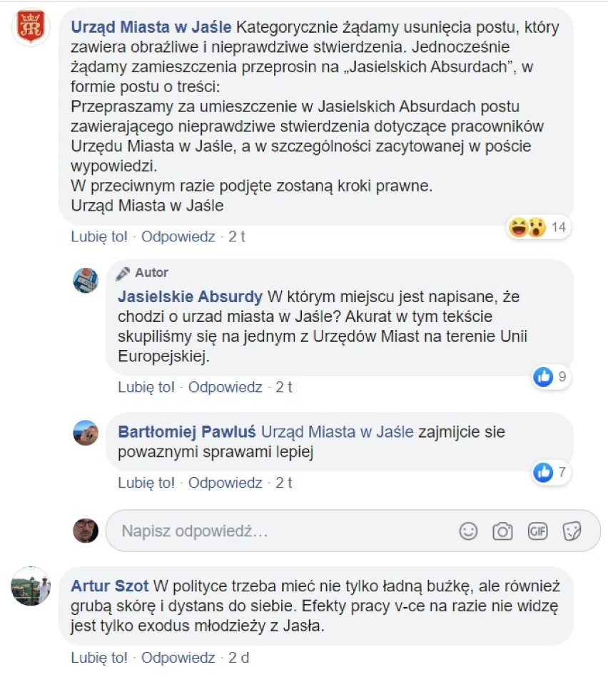 Wiceburmistrz Jasła, oburzona wpisem autorów satyrycznego profilu na portalu społecznościowym, kieruje zawiadomienie do prokuratury