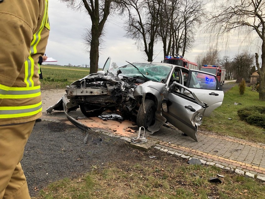 Poważny wypadek w powiecie włocławskim. Samochód uderzył w drzewo [zdjęcia]