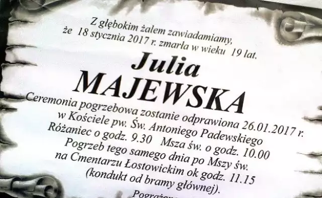 Gdańsk Brzeźno. Nekrolog informujący o pogrzebie śp. Julii Majewskiej.