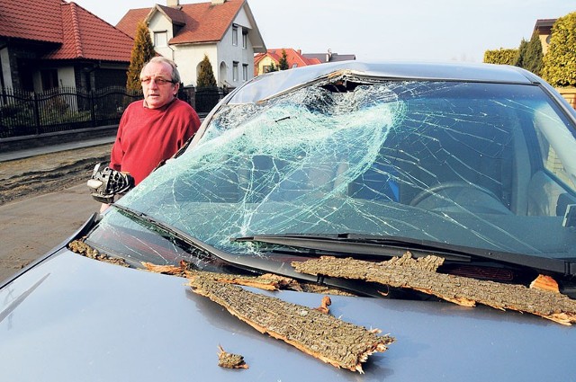 Odłamany spróchniały konar, który uderzył w auto pana Mirosława, spadł zahaczony przez ciężarówkę. Na zdjęciu z lewej zniszczone subaru.