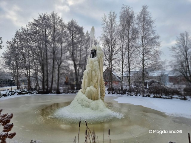 Przy Domu Strażka OSP w Przodkowie, na stawie, pojawiła się lodowa maczuga