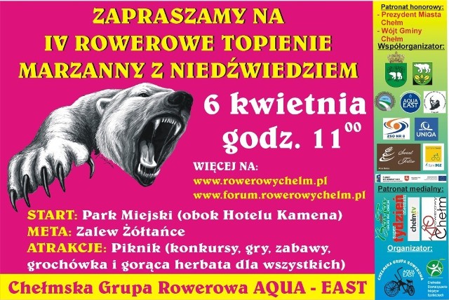 Już w najbliższą sobotę zapraszamy na IV Rowerowe Topienie Marzanny z Niedźwiedziem. Początek imprezy o godz. 11.00 w Parku Miejskim.