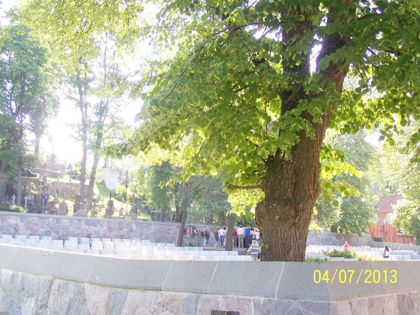 Cmentarz na Rossie - na pierwszym planie cmentarz żołnierski. Grupka Polaków otacza Mauzoleum, a za murem - stary cmentarz