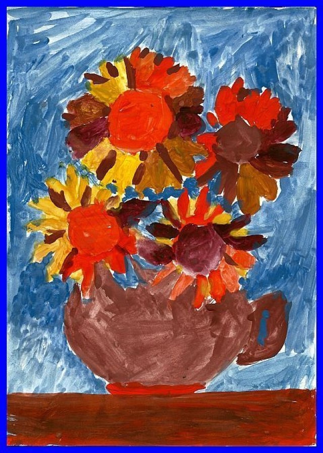 obraz pt &quot; kwiaty w wazonie &quot; pomalowany przez Martę Chłopecką,  uczennicę Warszawskiego Nikifora