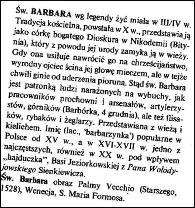 Święta Barbara ( Słownik Mitów i tradycji Kultury, Kopaliński)