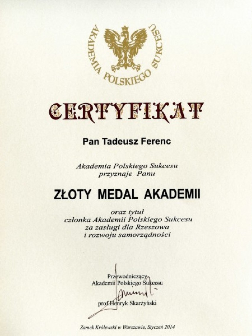 Prezydent Rzeszowa Tadeusz Ferenc nagrodzony