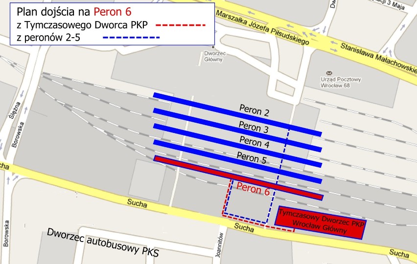 Lokalizacja peronu szóstego na stacji Wrocław Główny