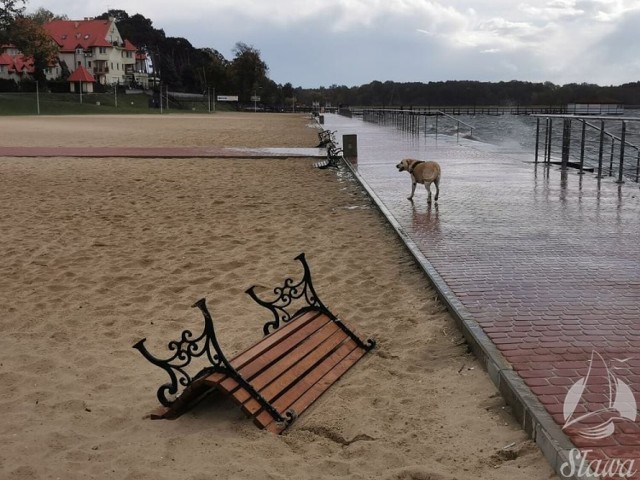 Wiatr poprzewracał ławki na nowej plaży nad Jeziorem Sławskim